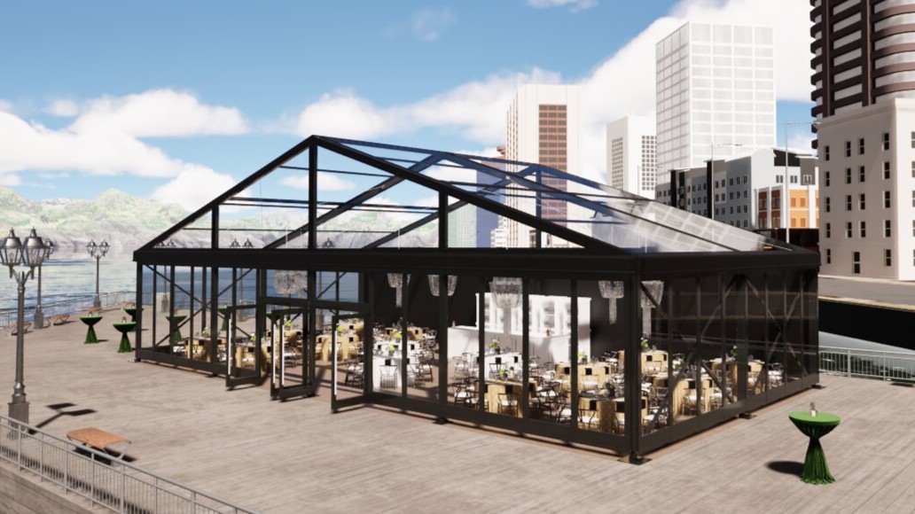 Glasses flatware and china on a table cloth with beautiful flowers for rent