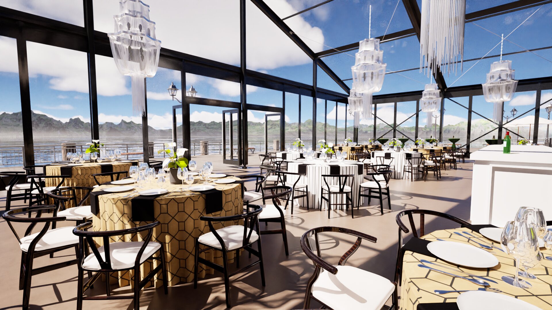 Glasses flatware and china on a beautiful table cloth for rent