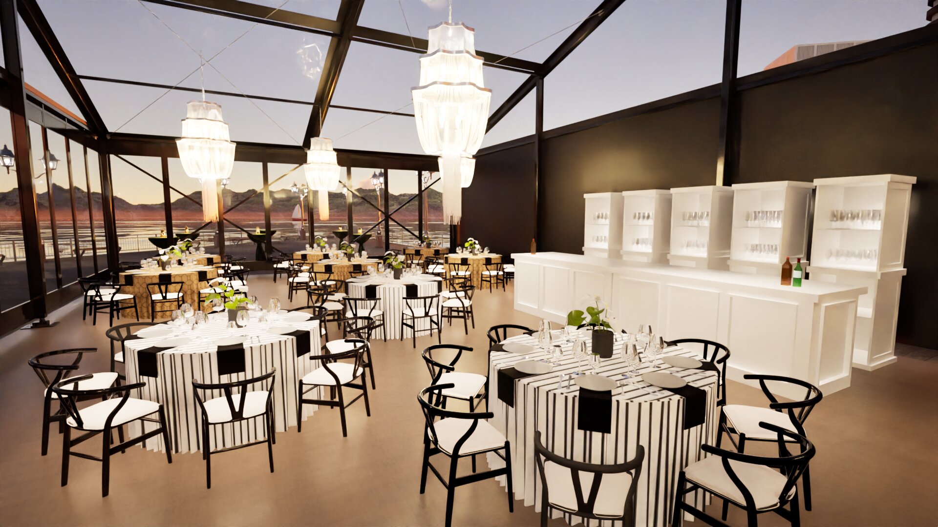 Glasses flatware and china on a table cloth with beautiful flowers for rent