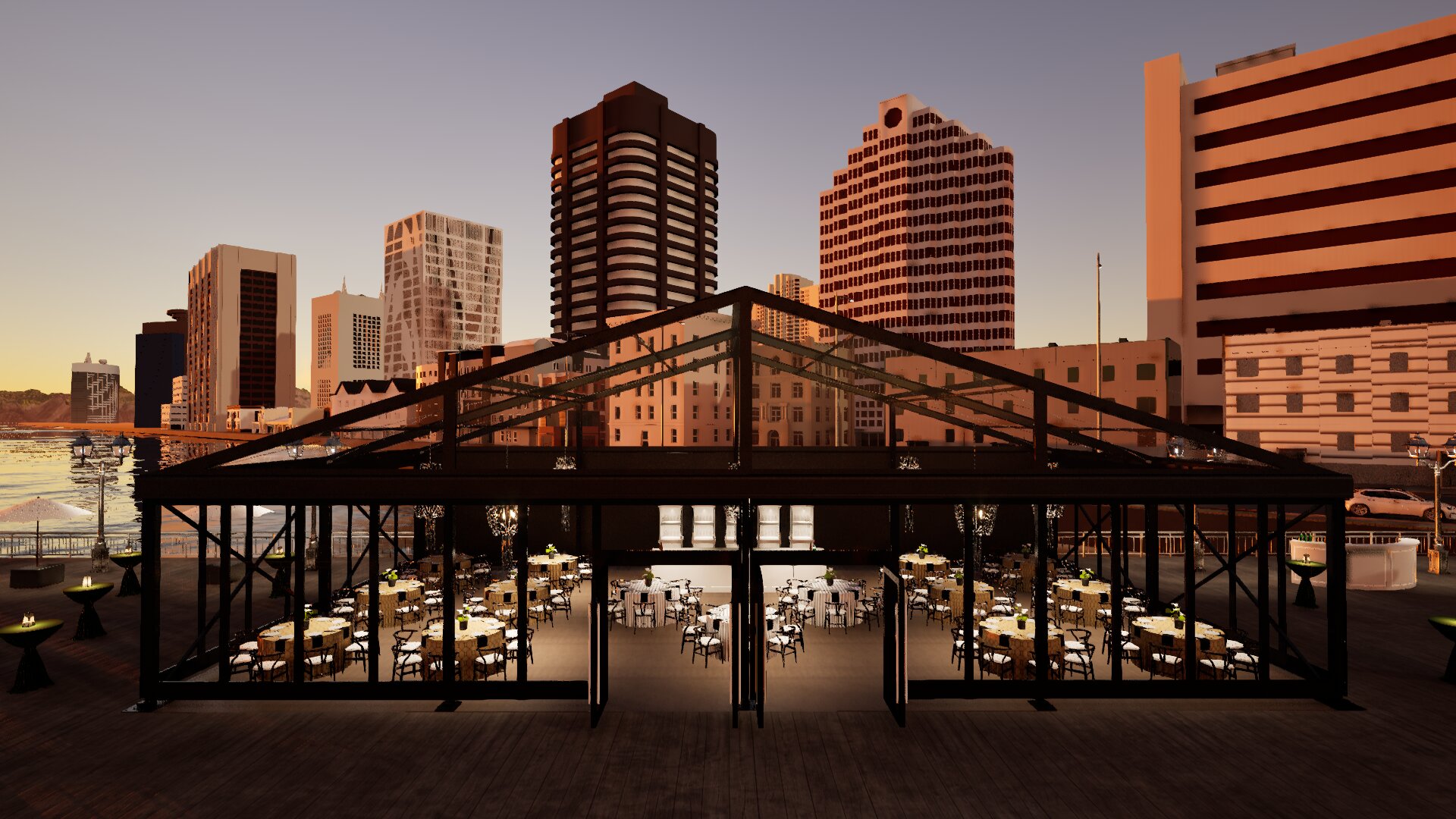 Glasses flatware and china on a table cloth with beautiful flowers for rent