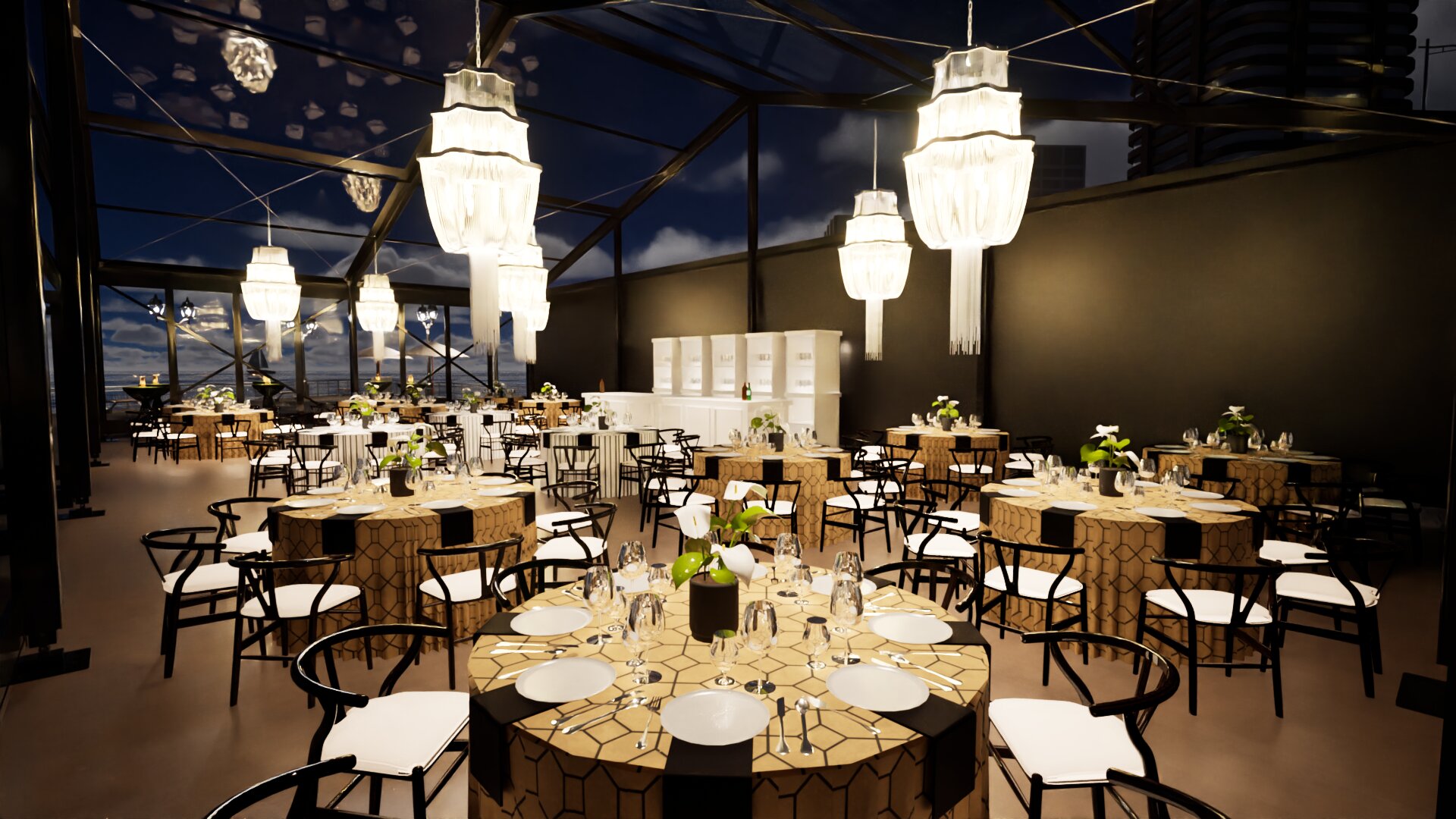 Glasses flatware and china on a table cloth with beautiful flowers for rent