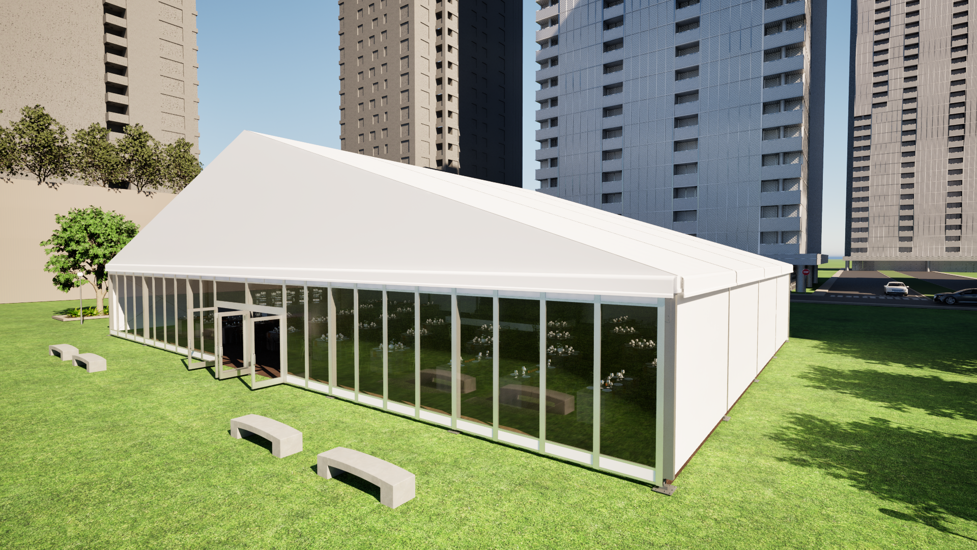 Glasses flatware and china on a beautiful table cloth for rent