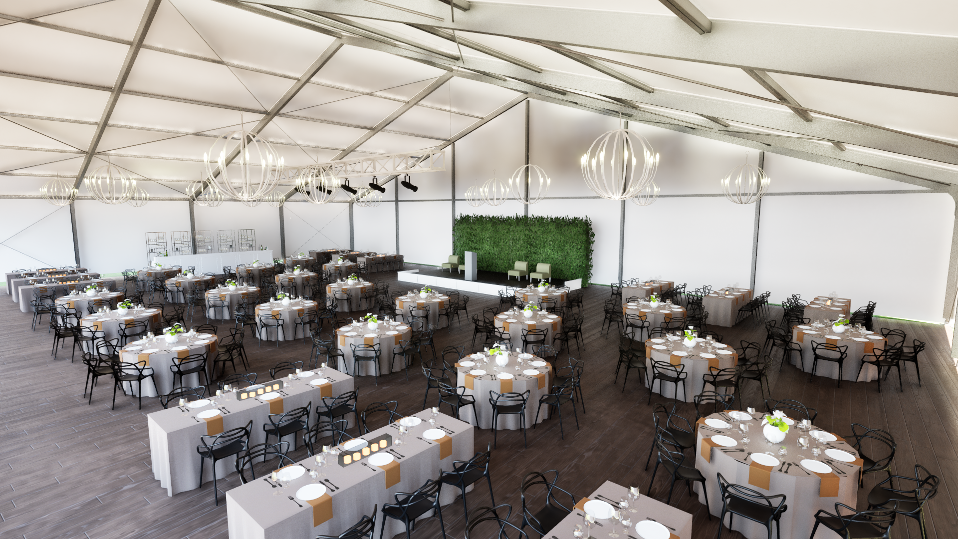 Glasses flatware and china on a table cloth with beautiful flowers for rent