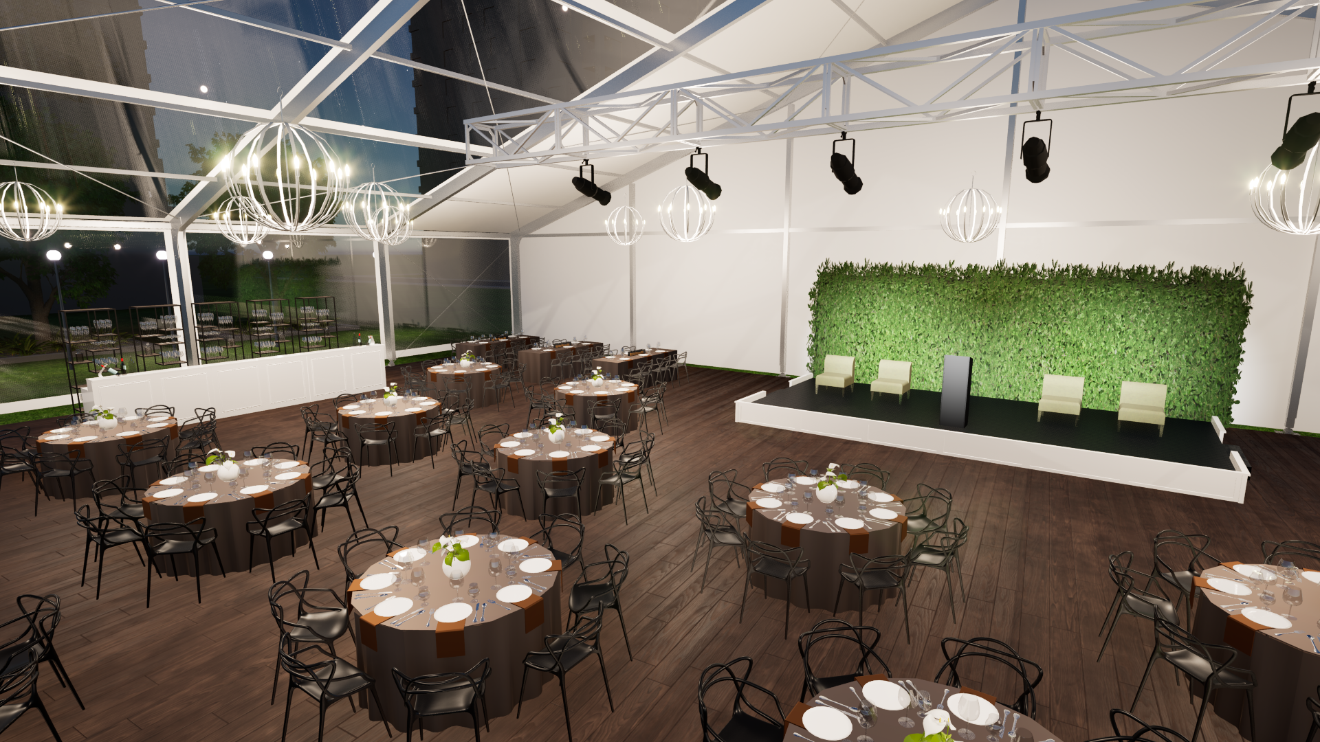 Glasses flatware and china on a table cloth with beautiful flowers for rent