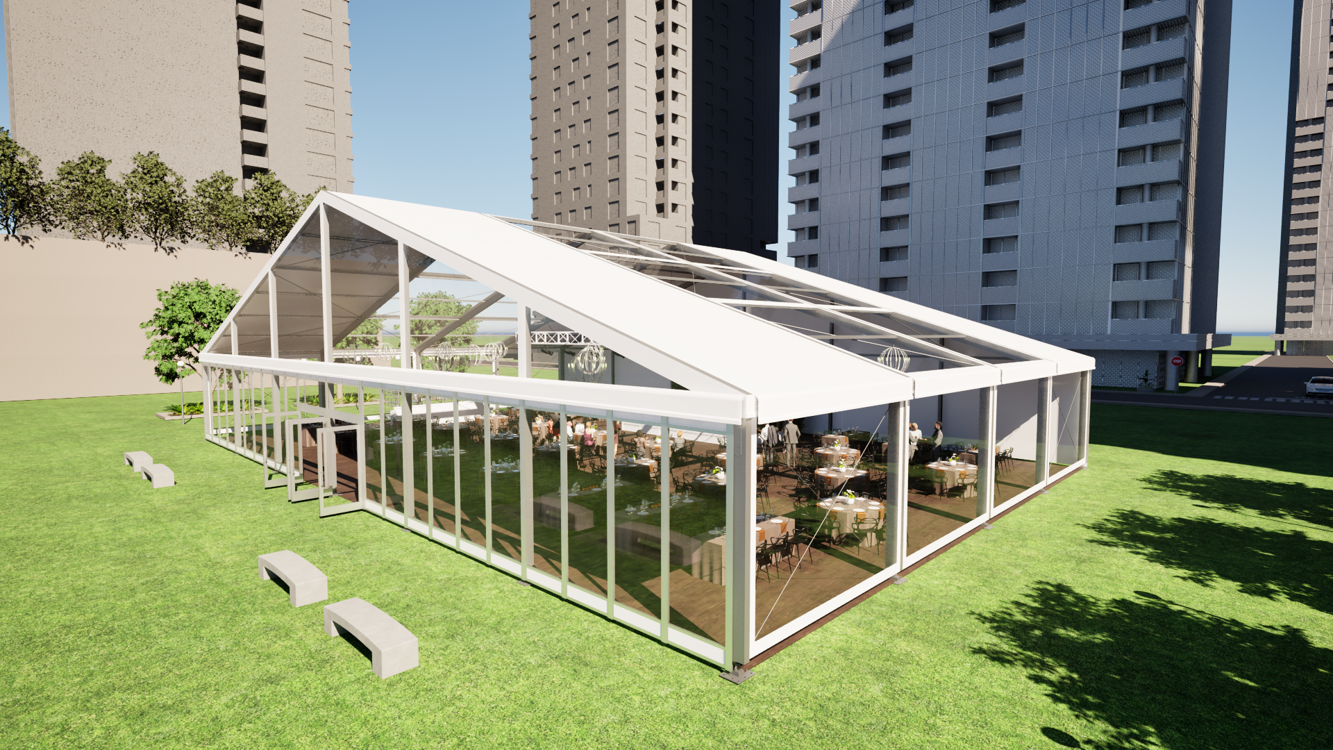 Glasses flatware and china on a table cloth with beautiful flowers for rent